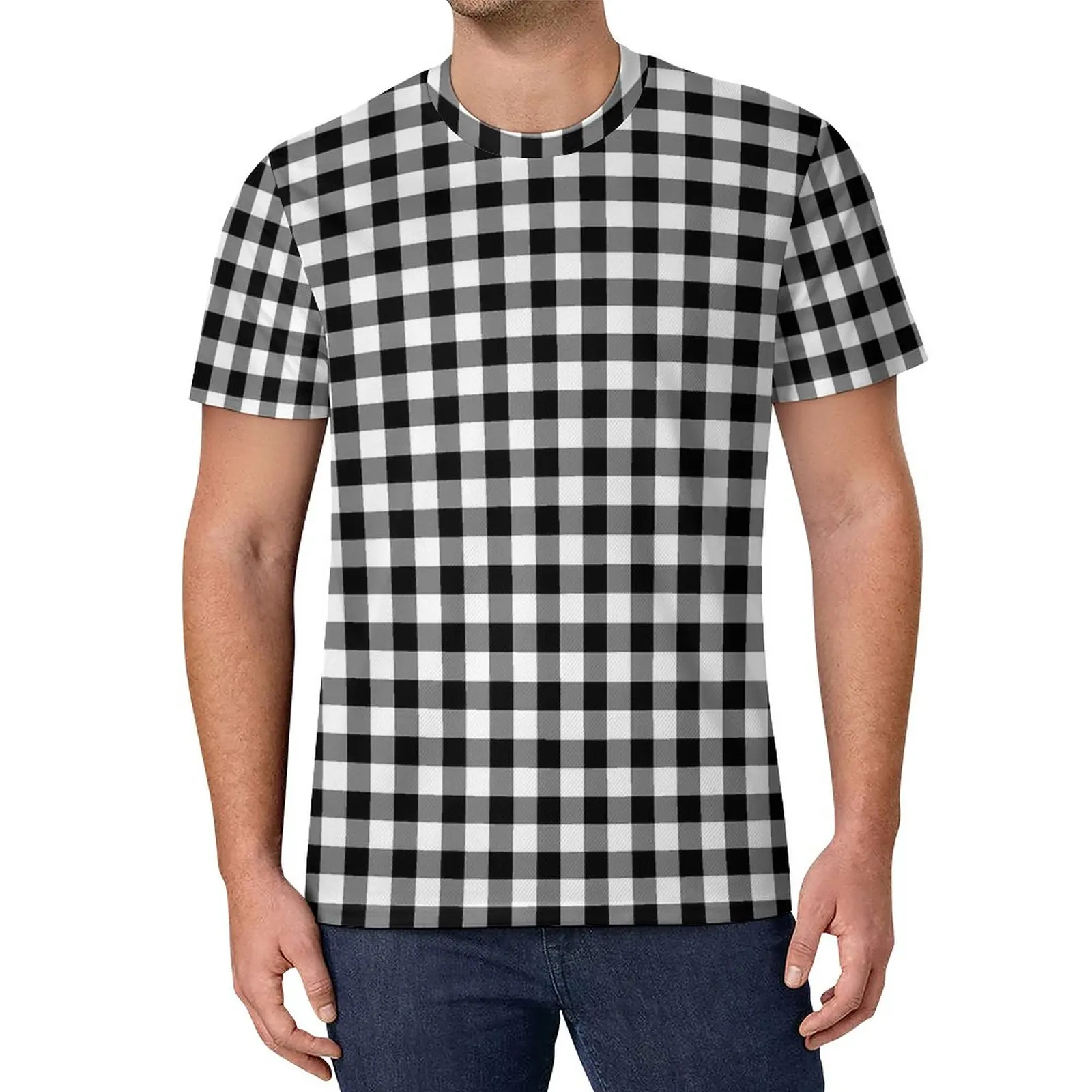 

Classic Gingham Checks T Shirt Black And White Basic T-Shirts O Neck Retro Tee Shirt Beach Man Design Clothes Big Size