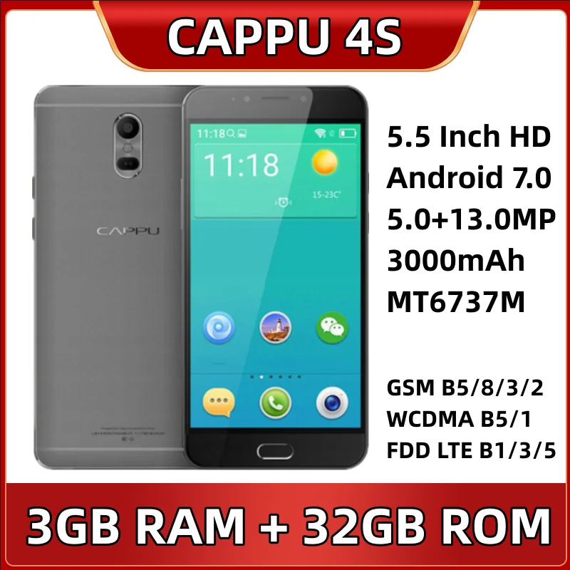 

CAPPU 4S 687 4G LTE смартфон 3 ГБ ОЗУ 32 Гб ПЗУ 5,5 "Singe Micro SIM четырехъядерный Android 7,0 5 + 13 МП 3000 мАч металлический мобильный телефон