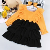 spring autumn 2022 girls layered dresses kids baby girl ruffles long sleeve patchwork a line dress with bow princess dresses