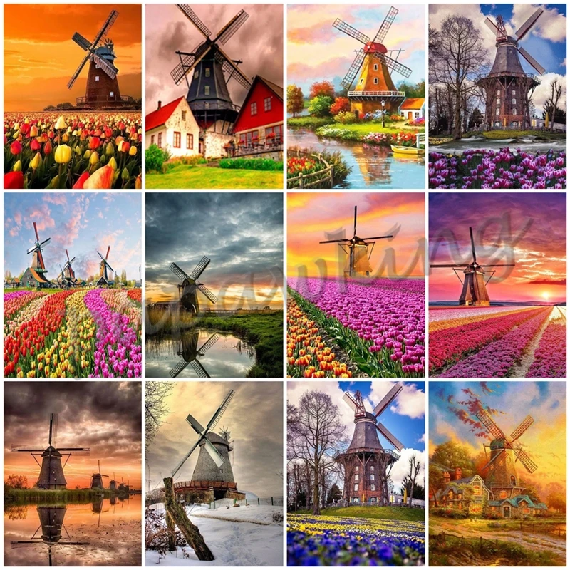 

Tulip Windmill Roof 5D Diy Diamond Painting Kit Garden Full Drill Embroidery Flower Landscape Mosaic Rhinestones Home Decor Gift