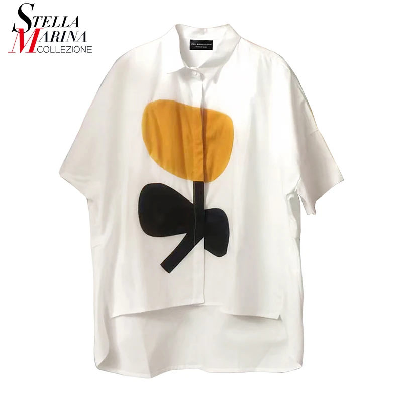 

New Shot Sleeve Woman White Green Summer Top Casual Wear Printed Blouse Long Back Loose Fit Korean Style Large Size Shirts SS012