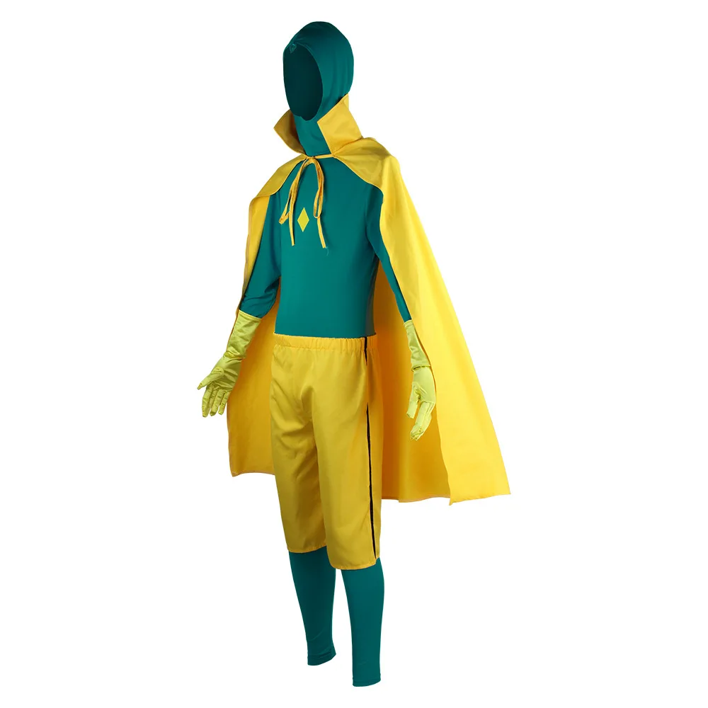 Takerlama Superhero Cosplay Jumpsuit with Yellow Cloak Cap Adult Halloween Costume Bodysuit Shorts Gloves Outfits Sets |