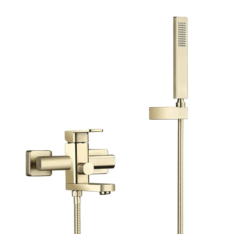 Brushed Gold Bathroom Bathtub Shower Faucets Set Soild Brass Rotating Hot & Cold Taps Mixer With Handheld Wall Mounted Black