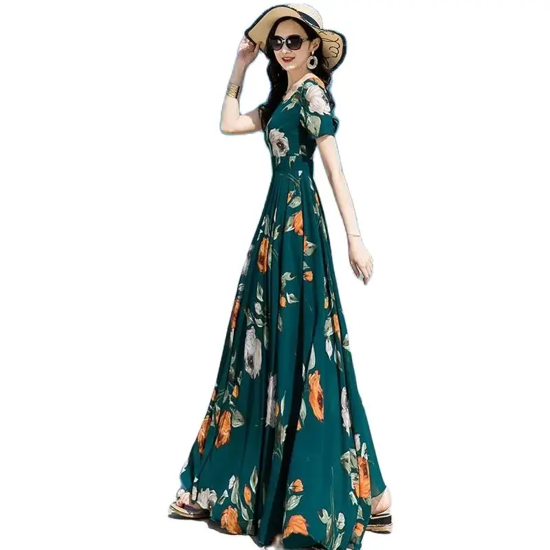 Summer Chiffon Floral  Dress Womens Long To Ankle New French Age Reduction Super Long Slim Waist Slim Elegant Big Swing SkirTide