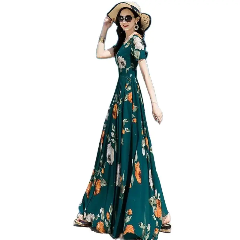 

Summer Chiffon Floral Dress Womens Long To Ankle New French Age Reduction Super Long Slim Waist Slim Elegant Big Swing SkirTide