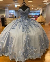 sky blue crystal 3d flower quinceanera dresses v neck tulle off the shoulder applique ball gown vestido de 15