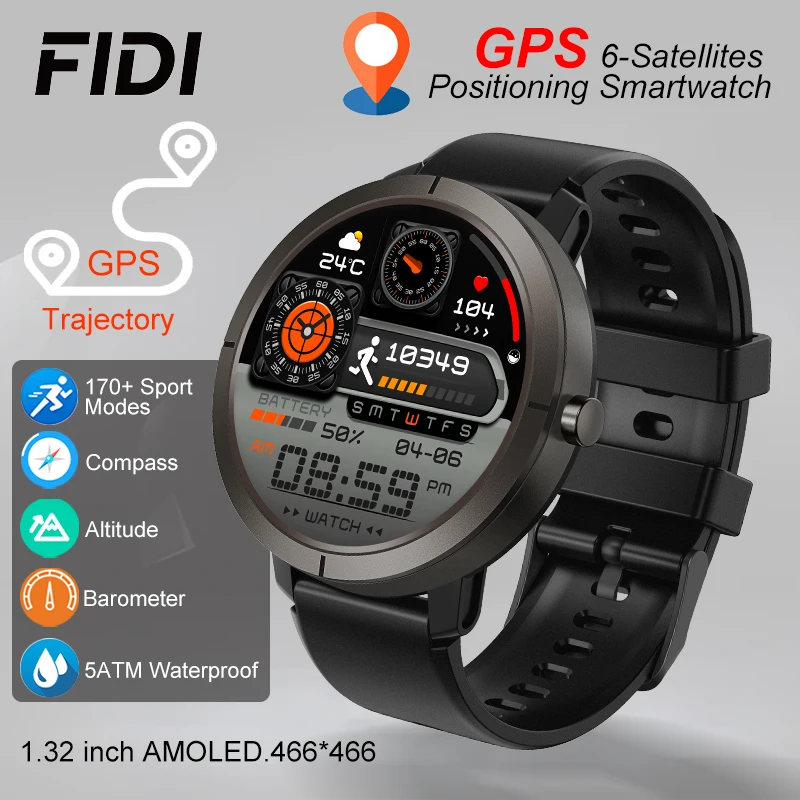 Фото FIDI GPS 6-Satellites Смарт-часы 1,32-дюймовый HD AMOLED-дисплей Встроенный GPS Bluetooth Телефонные звонки Спортивные водонепроницаемые умные часы 5ATM №1