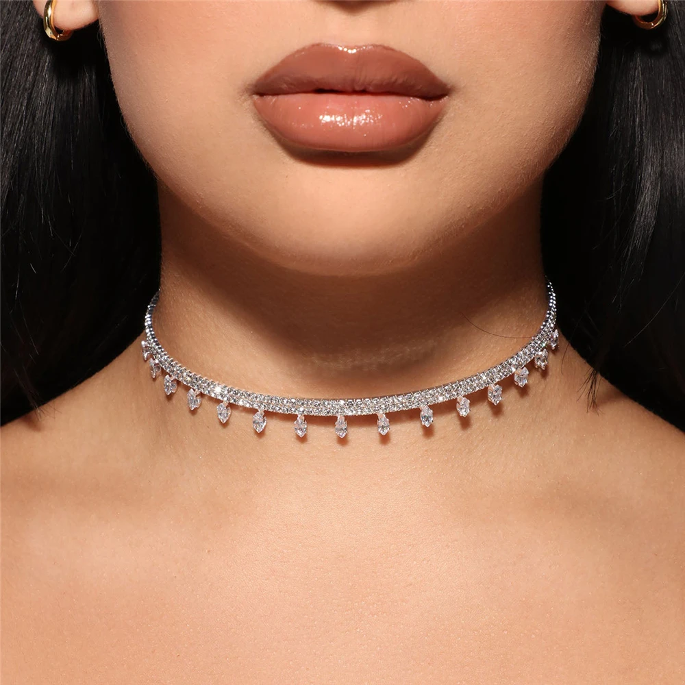 

INS Fashion Shiny Zircon Pendant Necklace Boho Bridal Wedding Party Bling Rhinestone Choker Beautiful Jewelry Gifts for Women