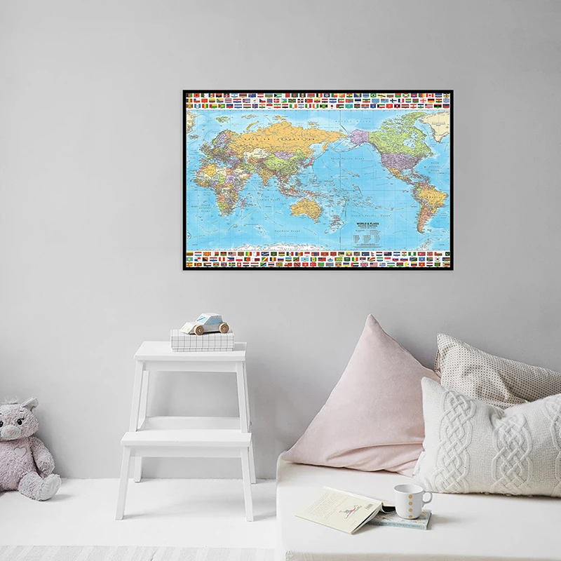 

The World Political Map with National Flag 59*42cm Small Size Poster Canvas Painting Wall Art Print Living Room Home Decoration