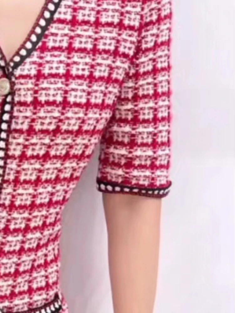 

Spring Autumn French Elegant Women Plaid Knitted Dress for MAJ* Vintage Single-breasted V Neck Mini Dresses Ladies Short Skirt