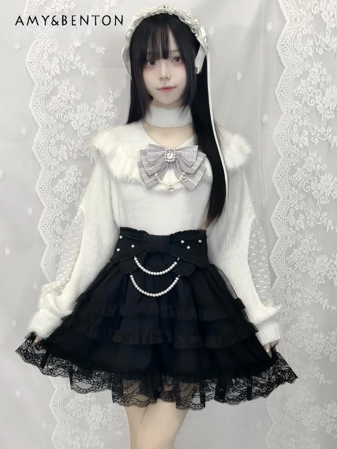 Японская серия Mine массовое производство свитер с кружевным бантом и лямкой на