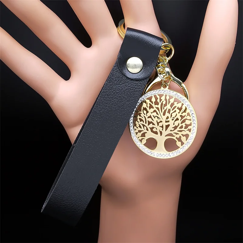 

Aesthetic Tree of Life Stainless Steel Crystal Pendant Key Chain for Women/Men Gold Color PU Leather Bag Keyring Holder Jewelry