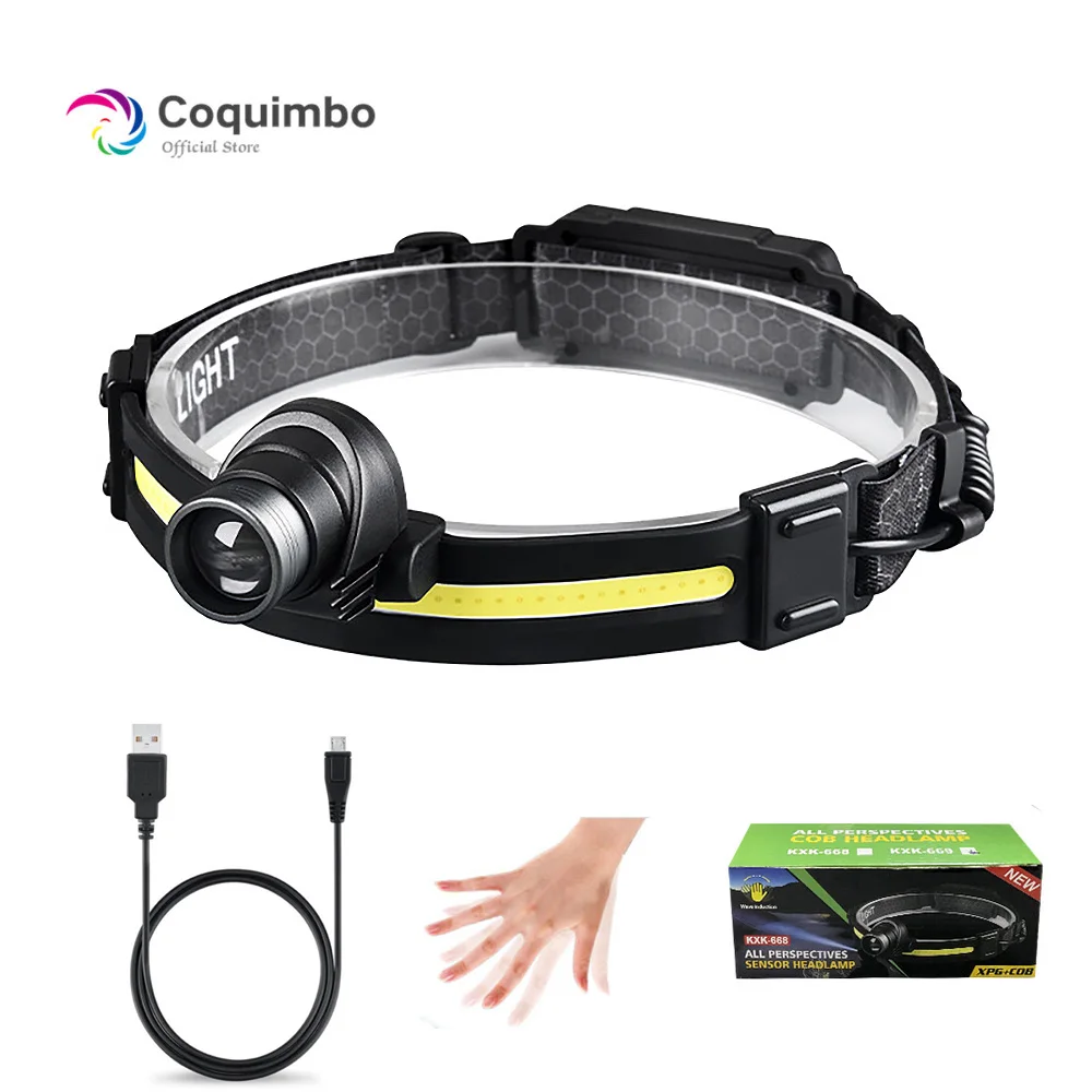 

Zoomable Headlamp Led 10 Modes XPE+COB Sensor Headlight Head Torch Flashlight Built in Battery Head Lamp For Fishing Hunting
