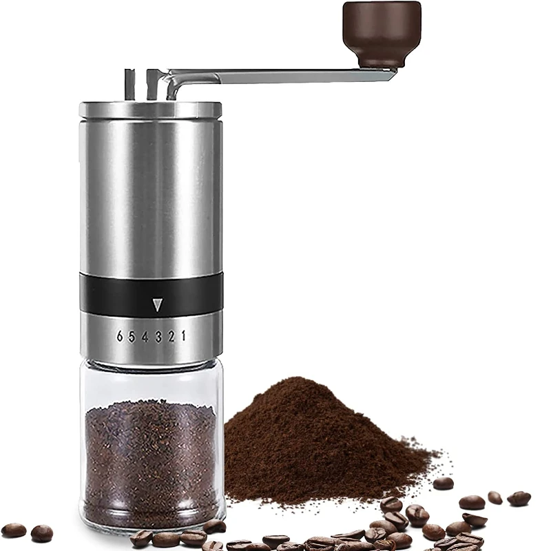 

Manual Coffee Grinder With 6 Adjustable Settings - Food Grade Stainless Steel and Glass Hand Mill with Adjustable Ceramic Burr