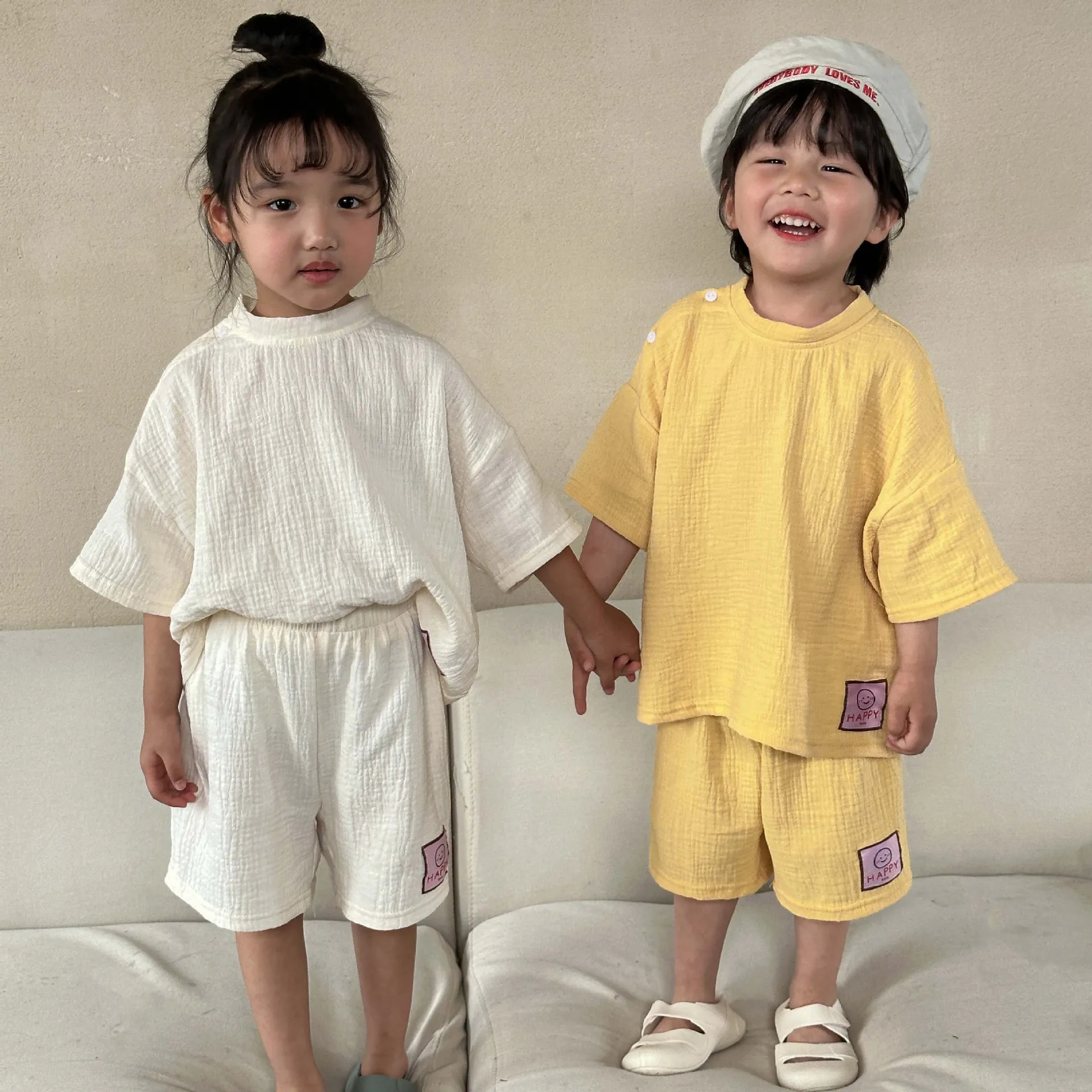 

Summer Boy Baby Smile Letter Patchwork Short Sleeve T-shirt Set Girl Children Solid Loose Tops+Shorts 2pcs Kid Cotton Tees Suit