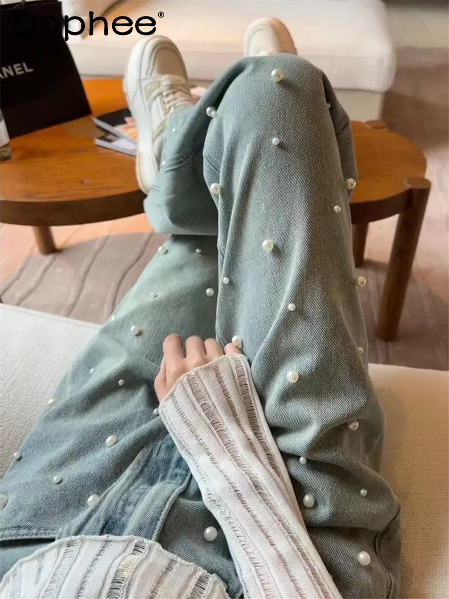 

2023 Spring and Summer New Design Sense Pearl Slimming Loose Casual Baggy Jeans Straight-Leg Pants Women's Long Trousers Fashion