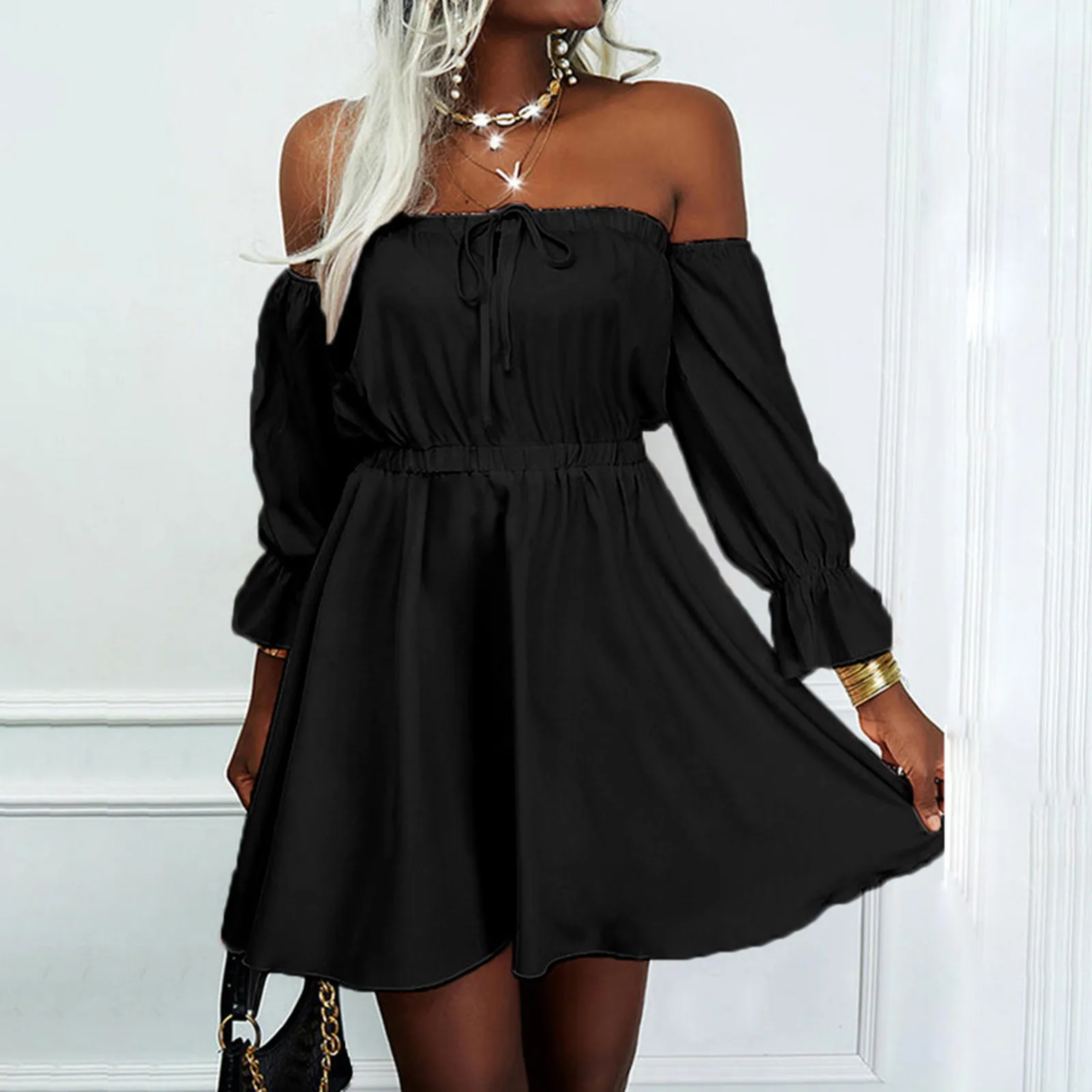 

Women Off Shoulder Mini Dress Solid Color Long Ruffle Sleeve Dresses For Lady Elastic Pleated High Waist Dress Female Clothes