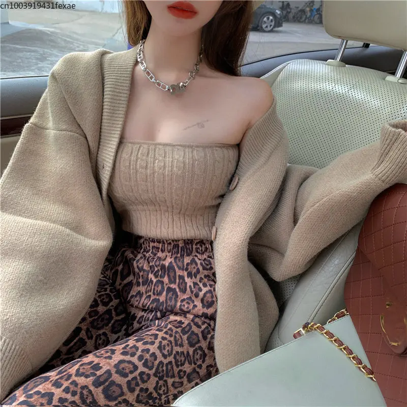 

Autumn New Sexy Knitted Wrap Chest Vest knitted Suit Elegant Retro V-Neck Long-Sleeved Cardigan Solid Sweater Top Two Piece Set