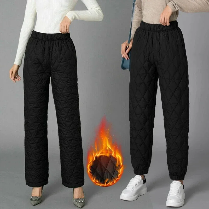 

Winter Warm Down Cotton Pants Padded Quilted Trousers Elastic Waist Casual Trousers Loose Female Straight