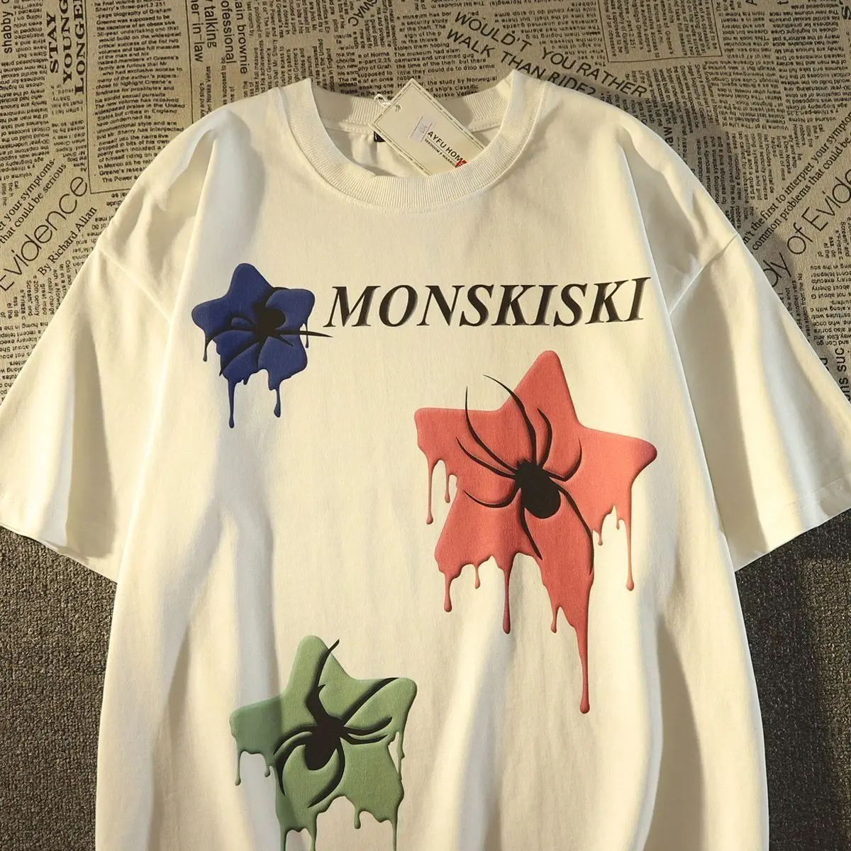 

Хлопковая футболка в американском стиле ретро со звездами и пауками для мужчин и женщин, летняя свободная Модная брендовая футболка с коротким рукавом