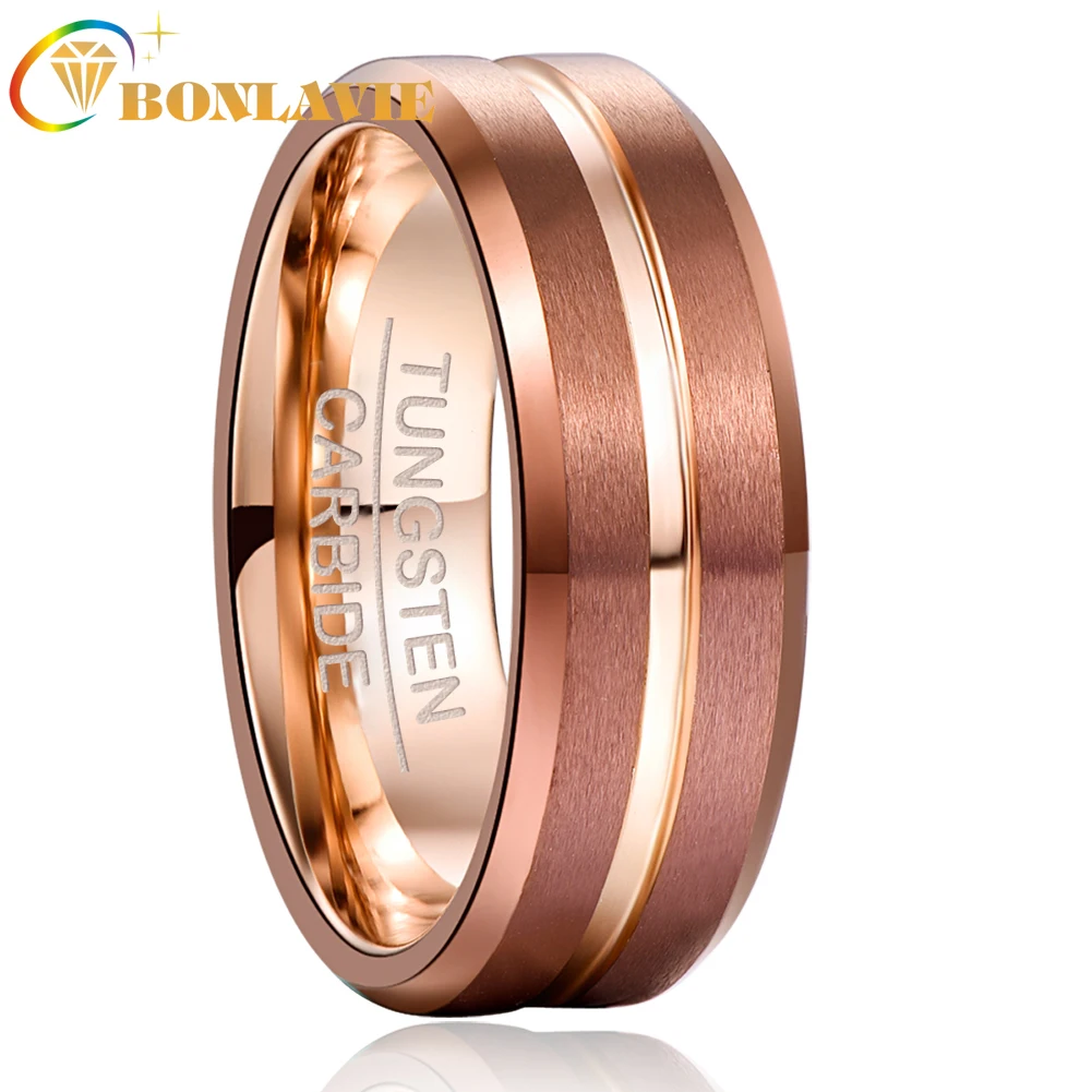 

BONLAVIE 8mm Width Tungsten Carbide Ring Brown Plating + Rose Gold Middle Groove Angle Tungsten Steel Men's Ring Comfort Fit