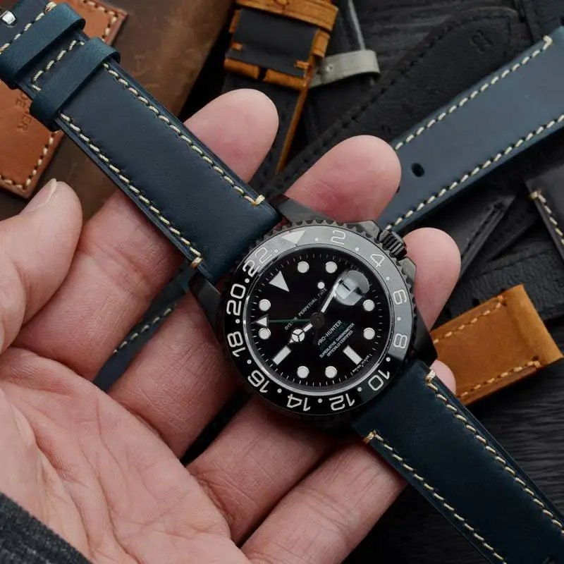 WOCCI Handmade Watch Band Men Genuine Leather Watch Strap 18mm 20mm 22mm 24mm Watchbands Bracelet Replacement Black Watch Buckle