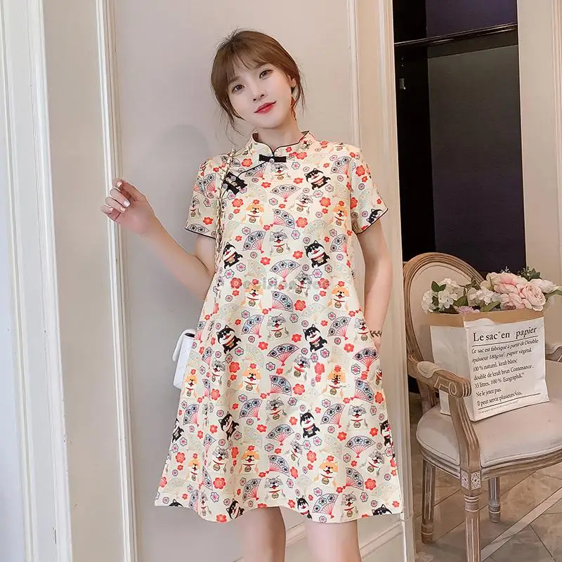 

2022 new summer qipao collar loose female print fashion improved cheongsam loose casual chinese daliy qipao dress g390