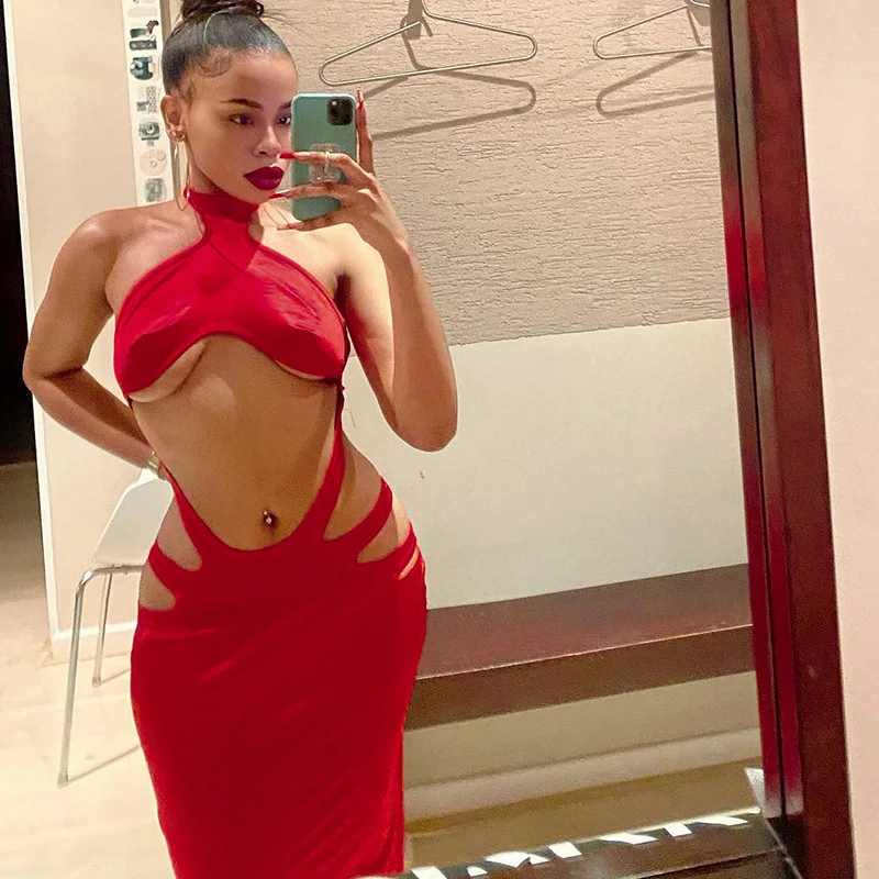 

Women Solid Color Long Dress Fashion Cutout Sleeveless Halter Dress Summer Party Club Backless Dress Street Style Hot Sale S M L