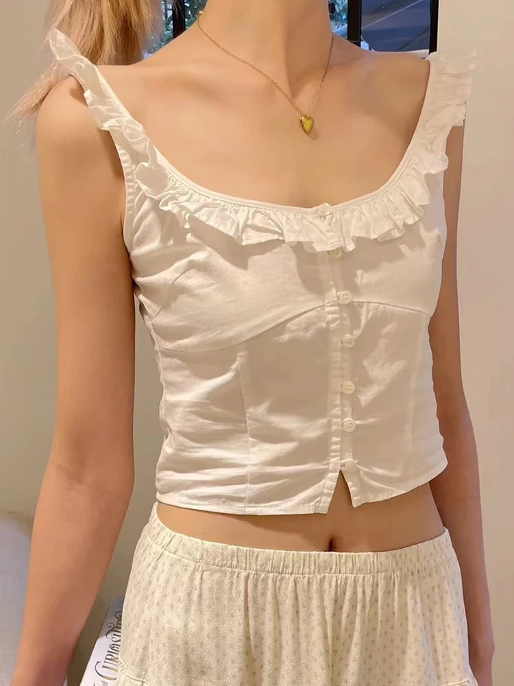 Милый белый укороченный топ с рюшами на пуговицах сексуальный хлопковый без
