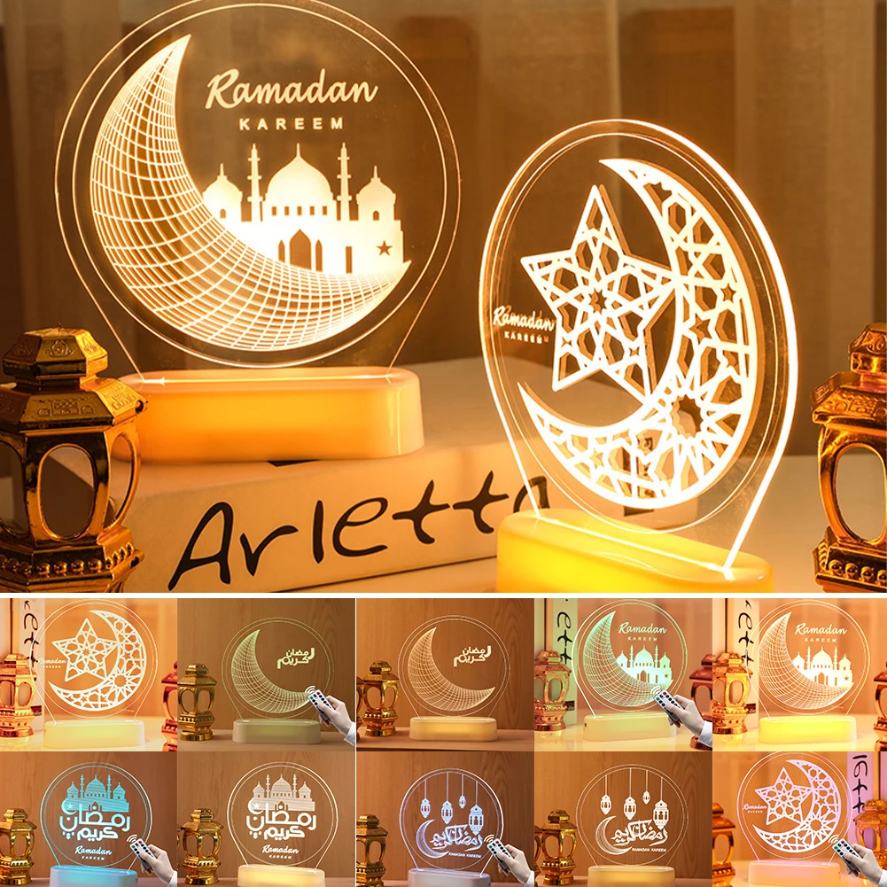 

EID Mubarak Acrylic Ornament Ramadan Decoration For Home Islamic Muslim Party Golden Moon Decor EID Gifts + Remote Control