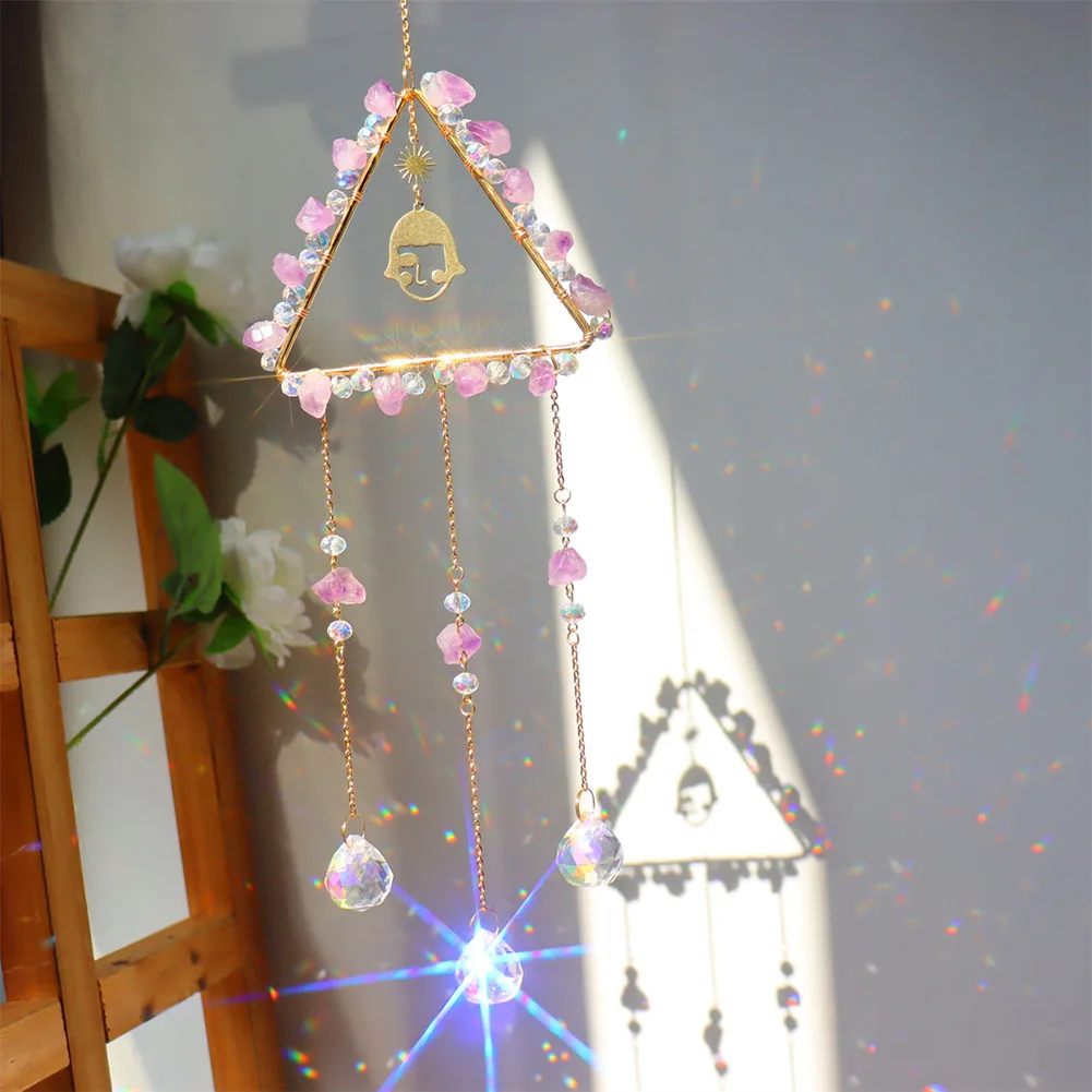 

Wind Chime Crystal Light Sun Catcher Hanging Ornament Diamond Triangle Natural Stone Prism Metal Frame Lighting Curtains Decor