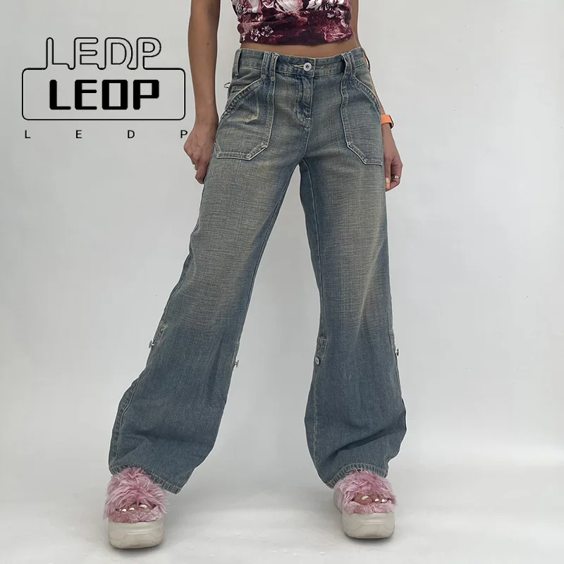 

LEDP Casual Jeans Women's High Waist Jeans Wide Leg Pocket Patchwork Loose Cargo Pants Vintage Denim Leggings Y2k Streetwear