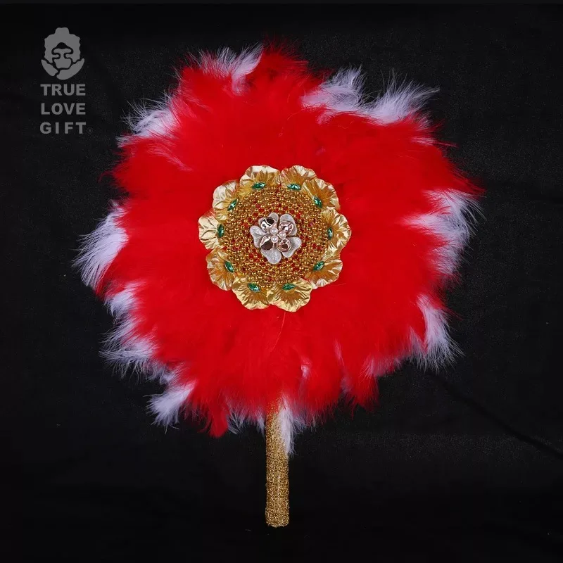 

Red Series Wedding Custom Hand Fan with Pearl Lace Feather Dance Hand Fan Handmade Hand Held Photo Props Wedding Favors Festive