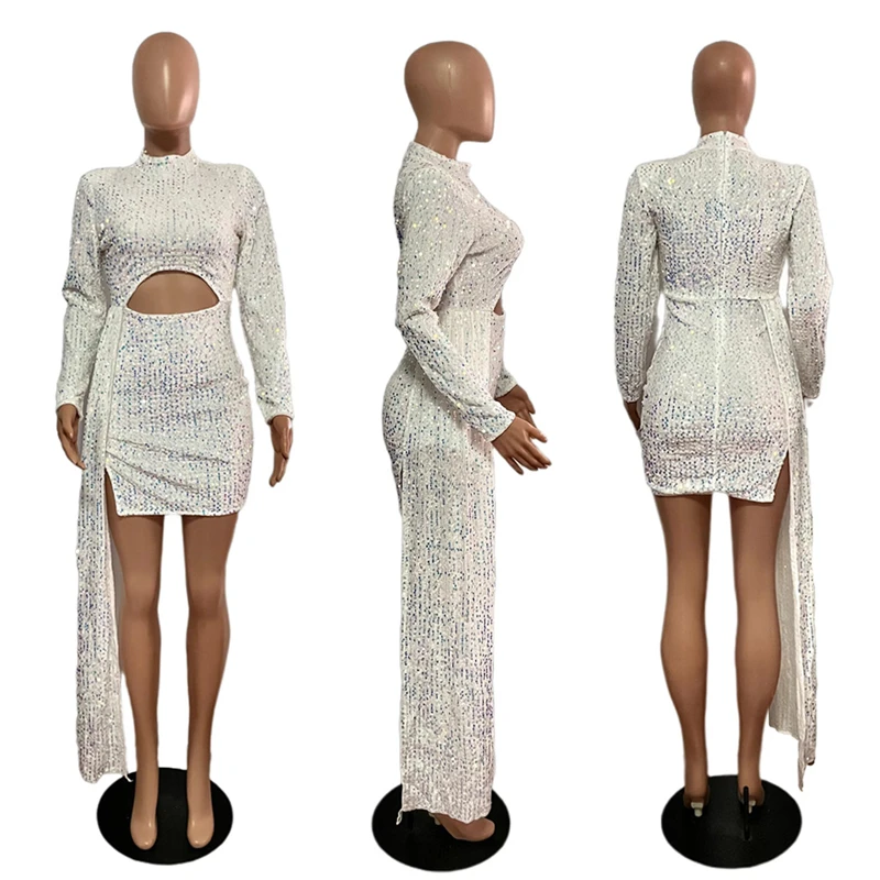 Женское вечернее платье с блестками соблазнительное высоким воротником и