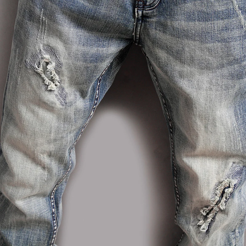 Italian Fashion Men Jeans High Quality Retro Gray Blue Elastic Slim Fit Ripped Jeans Men Patched Vintage Designer Pants Hombre