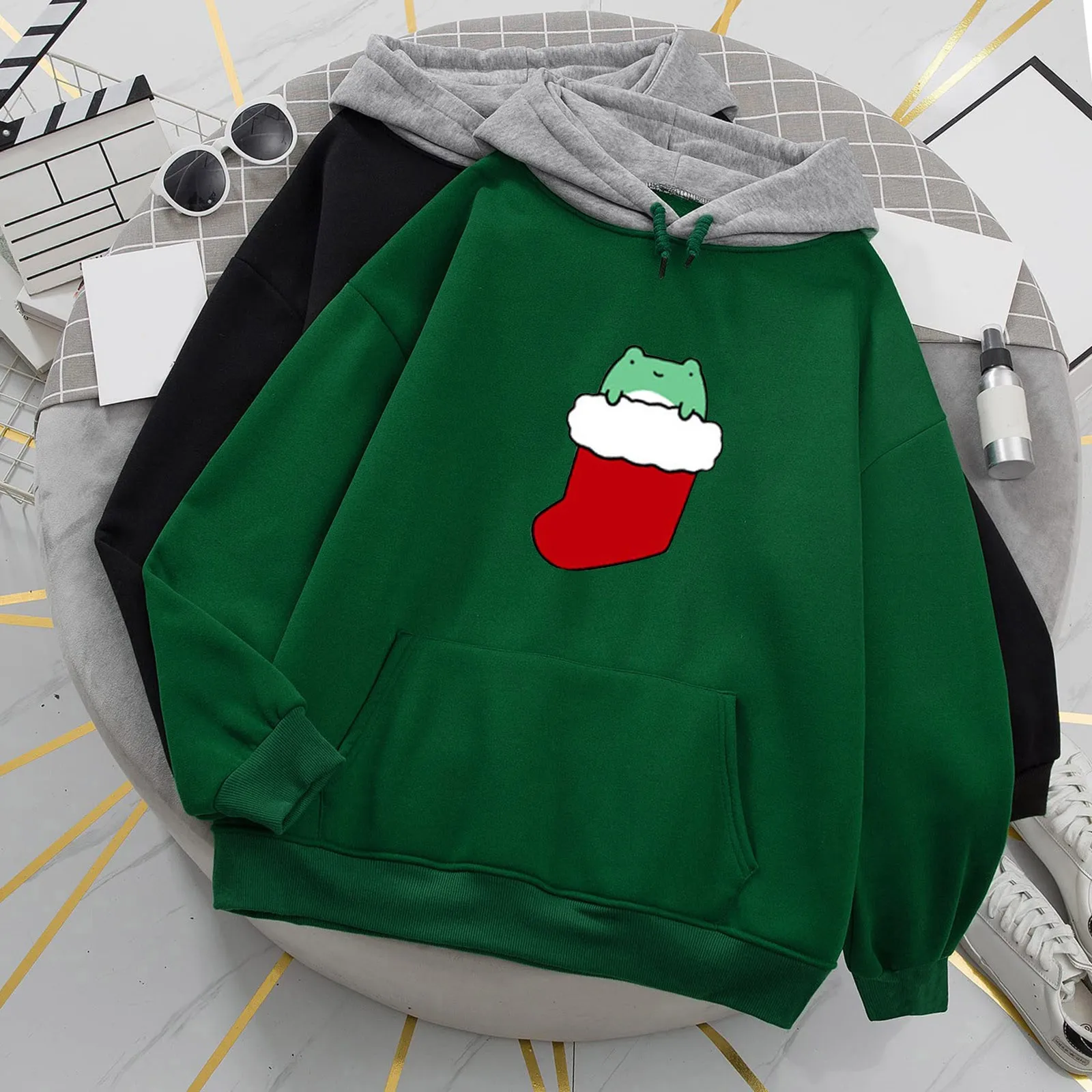

Womens Casual Frog Print Long Sleeve Hooded Pocket Sweatshirt Loose Tops Womens Snap Front Sweatshirt
