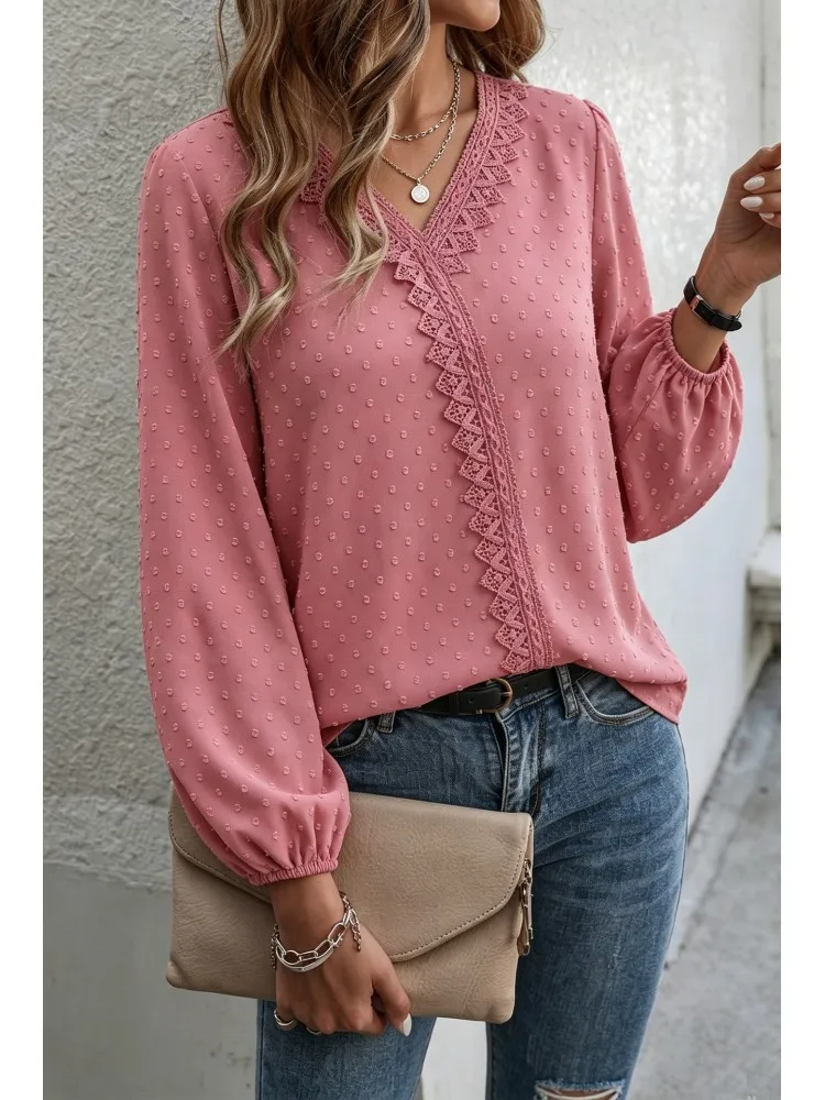 Фото Рубашка-блузка больших размеров 1XL-4XL, модная, элегантная, однотонная, с V-образным вырезом, 3XL 4XL, женская футболка с длинным рукавом, топы. №2