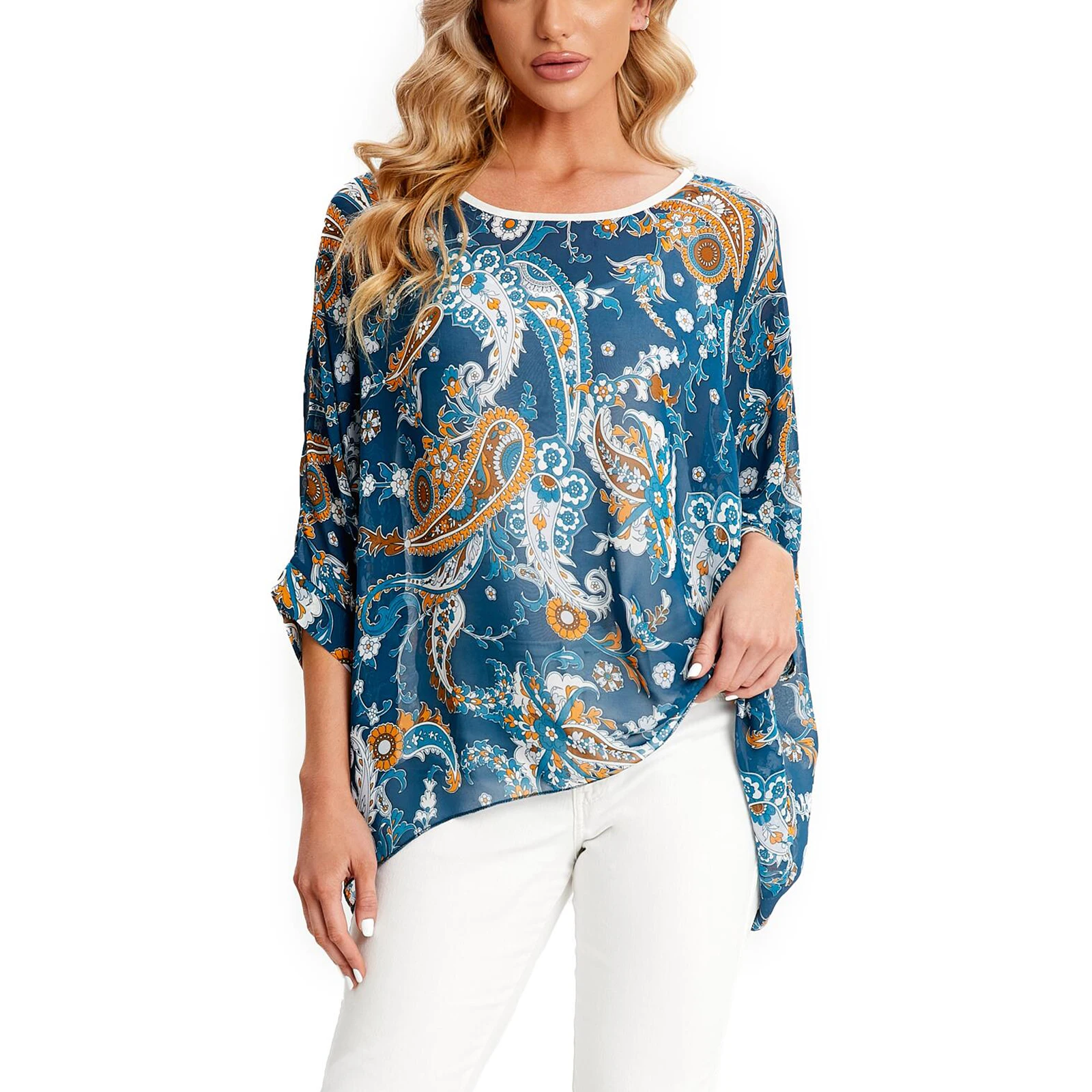 Женская шифоновая блузка с рукавами летучая мышь и принтом | Блузки