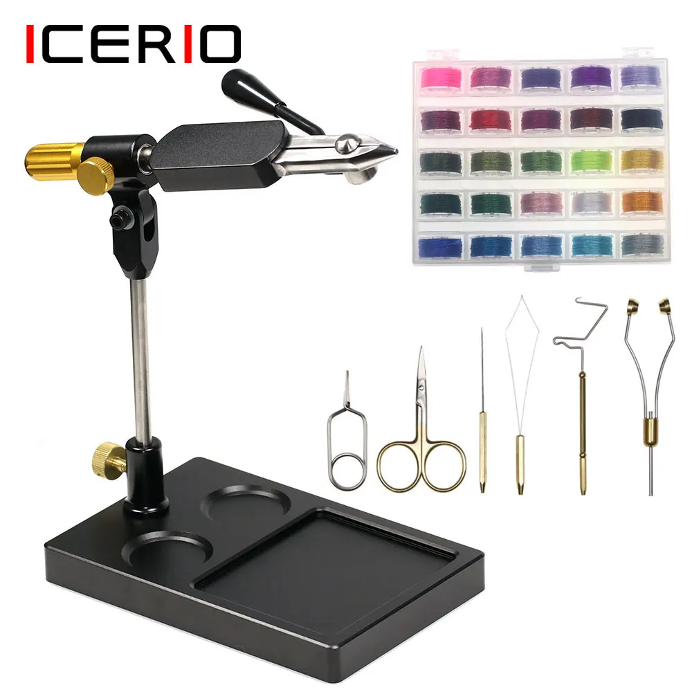 

ICERIO 360° Rotary Fly Tying Vise Jig Fishing Lure Maker Tools Bobbin Holder/Threader Whip Finisher Tool Set 300D Assist Thread