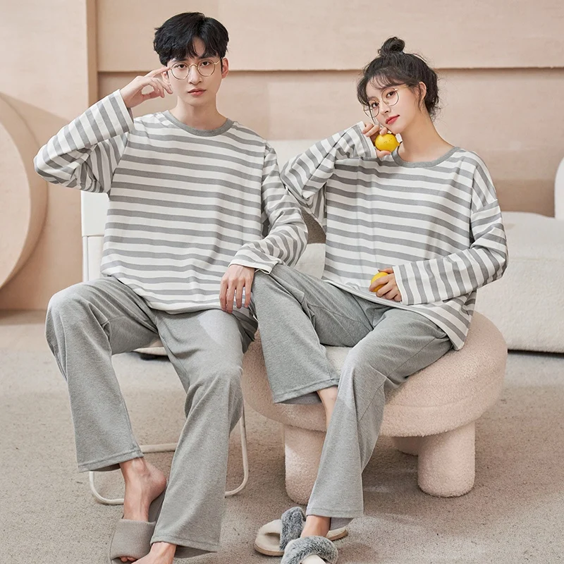 2022 Autumn Couple Long Sleeve Casual Striped Cotton Pajama Sets for Men Korean Loose Sleepwear Suit Women Homewear Home Clothes