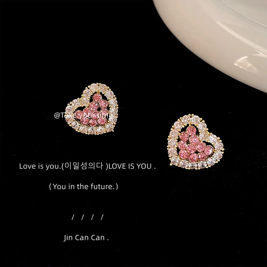

Real Giant Flash ~ Micro-set Zircon 925 Silver Needle Plated 14K Pink Heart Shape Sweet Cute Female Stud Earrings