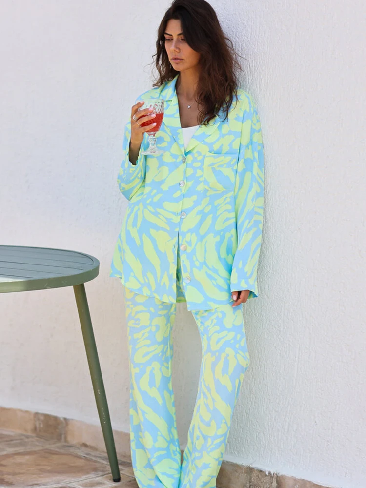 

Linad Print Women's Nightwear Long Sleeve 2 Piece Sets Loose Pajamas Casual Trouser Suits 2022 Autumn Female Sleepwear Fashion