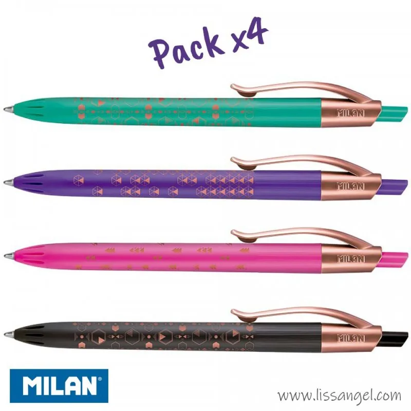 Bolígrafos MILAN P1 Copper - Pack 4 Unidades - Tinta lila, rosa, verde y negra - Con estuche