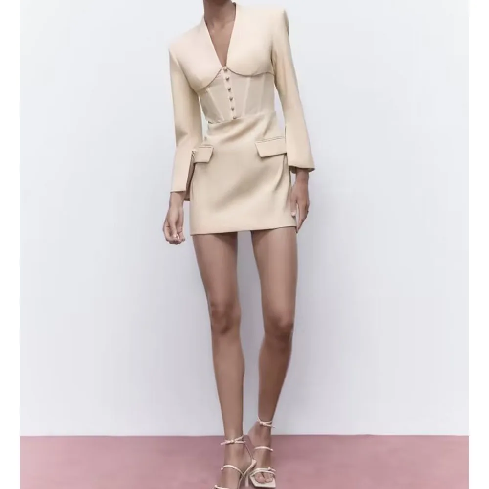2022 Women's Summer New Blazer Style Mini Dress Fashion Slim Corset Inspiration Hollow V-Neck Long Sleeves Elegant High Waist Sk