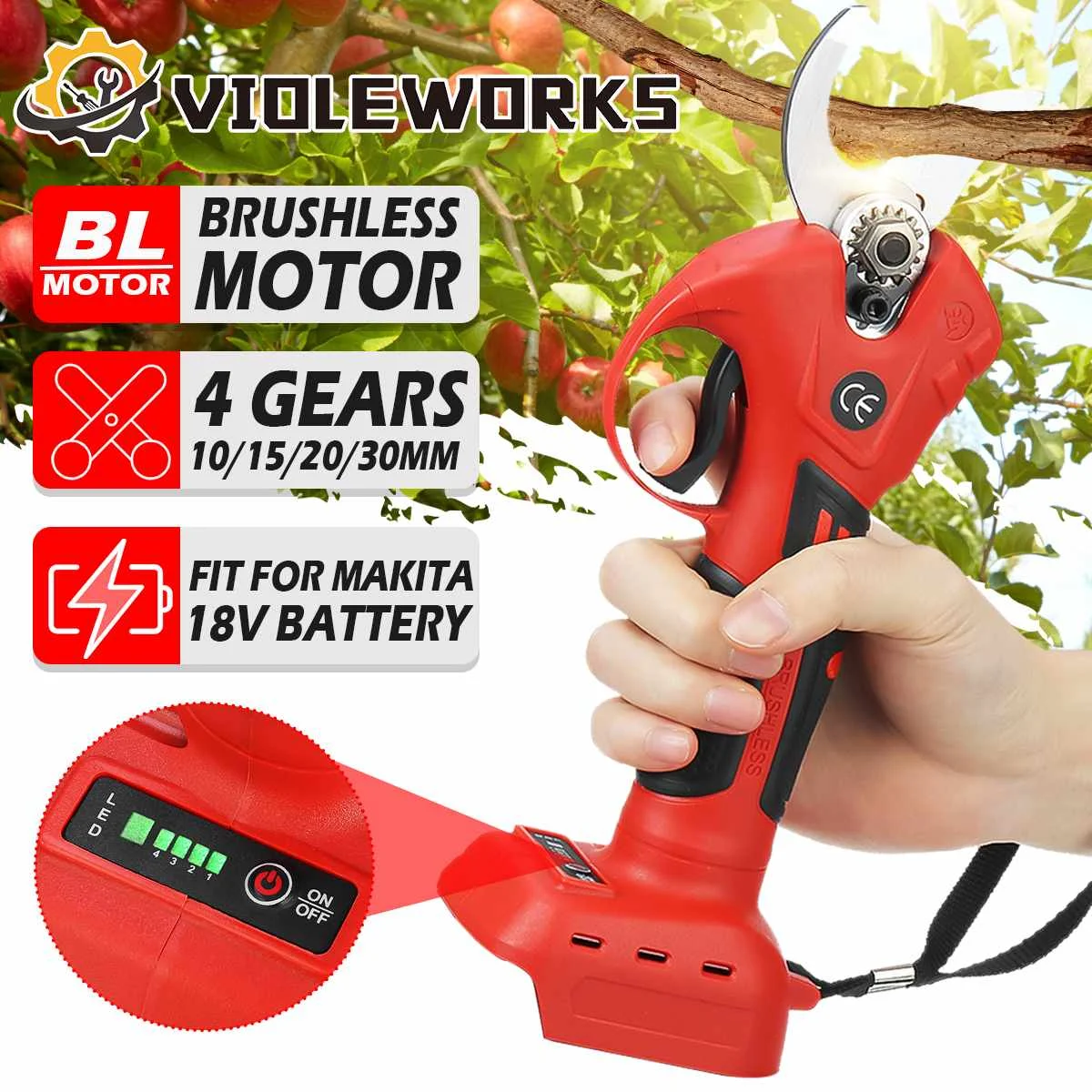 30mm Digital Display Cordless Pruner Electric Pruning Shear Efficient Pruning Scissor Garden Power Tools for Makita 18V Battery