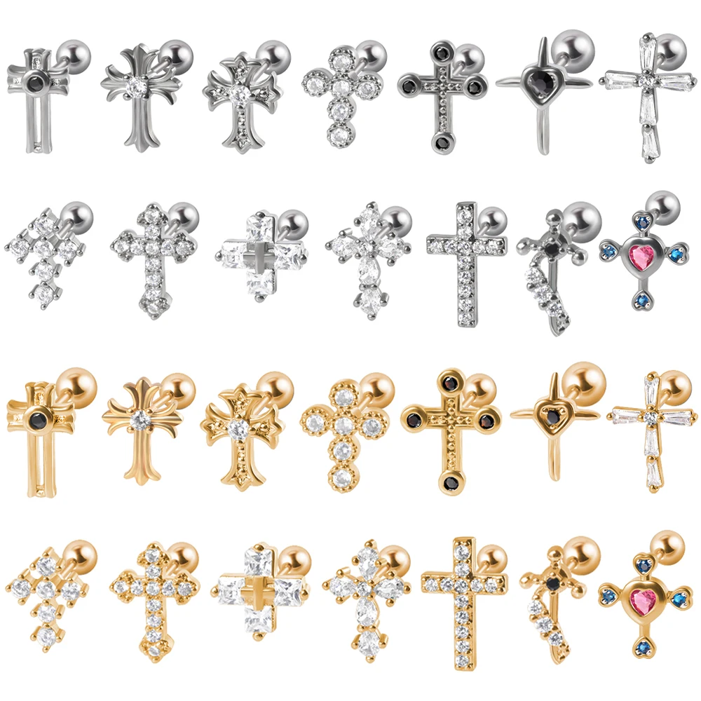 

2PCS Cross Stud Earrings for Women Girls Men Labret Crystal CZ Helix Tragus Cartilage Ear Studs Punk 20G Piercing Jewelry