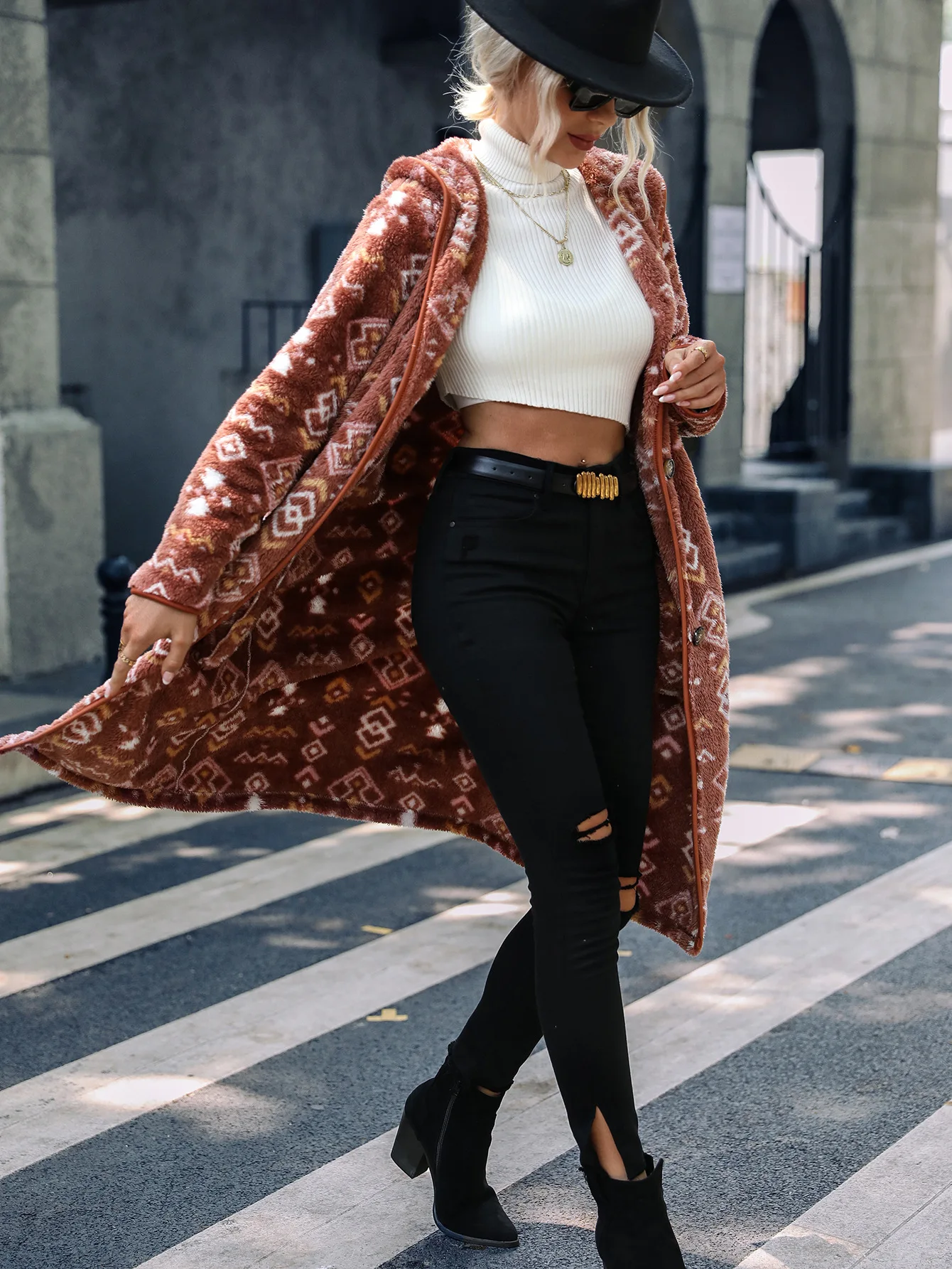 Fashion New Women's Hooded Long Sleeve Geometric Printing Single breasted Extended Regular Plush Coat