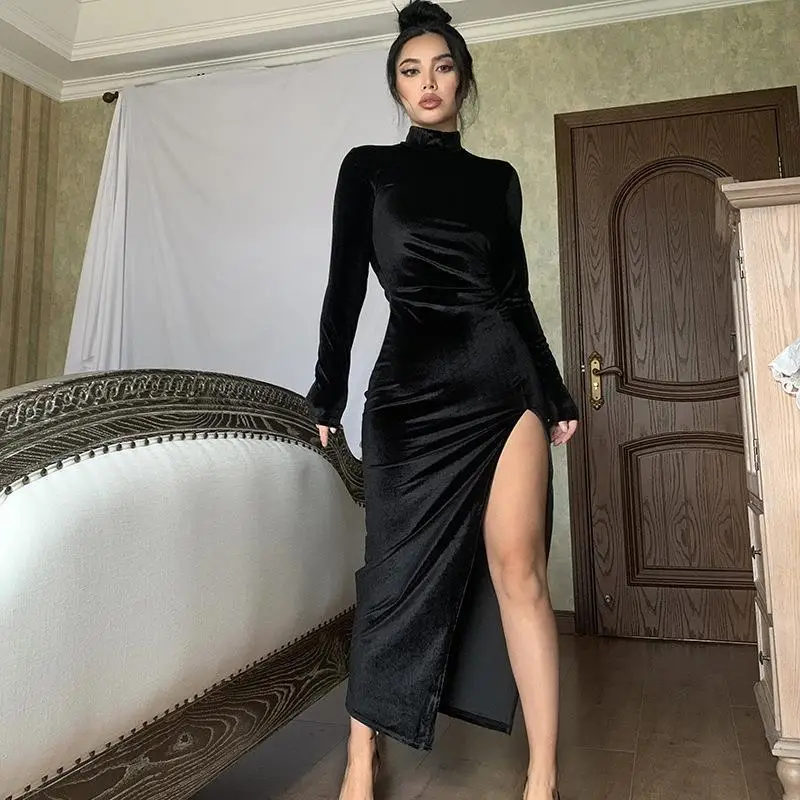 

2022 Autumn Winter Women Solid Velvet Long Sleeve Ruched Midi Dress Side Slit Bodycon Sexy Streetwear Party Elegant Club Dresses