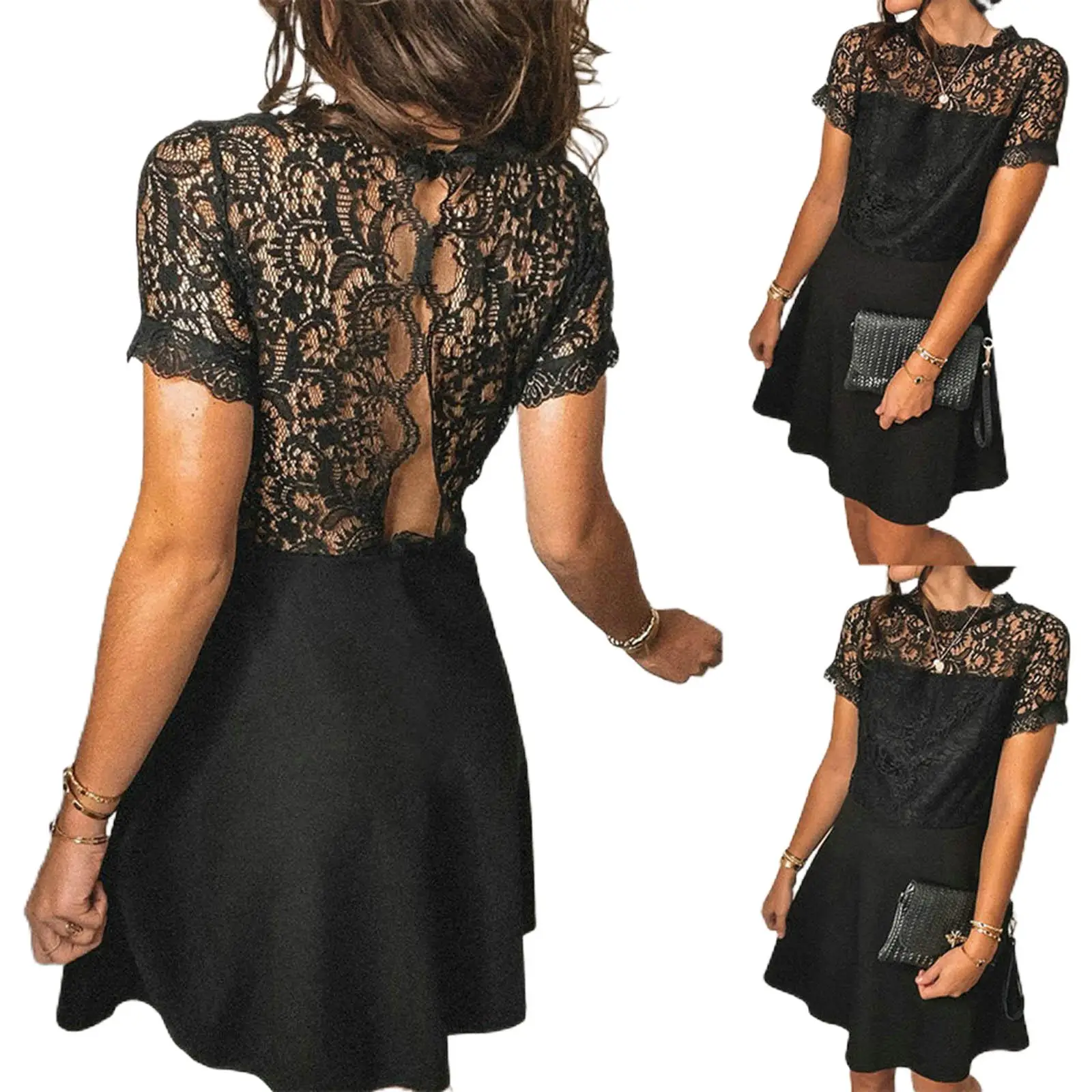 

Europe and America 2022 summer new dress temperament lace lace backless short sleeves A-word slimming dress