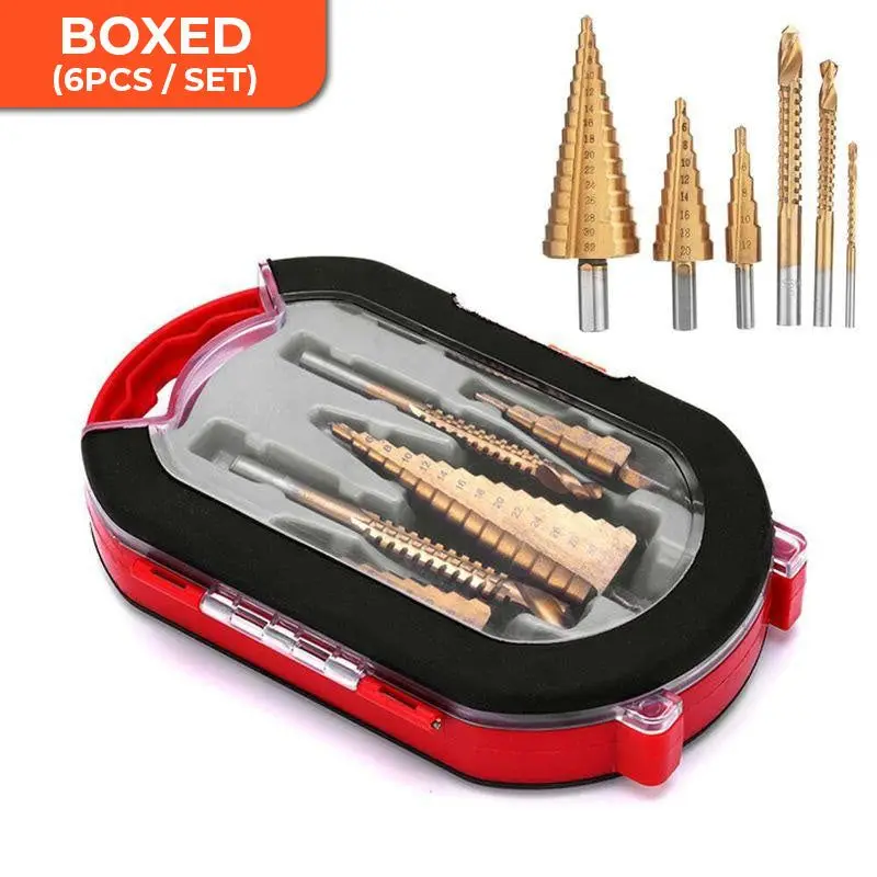 

6-piece set of HSS Hex Shank High-Speed Steel Pagoda Step Drill Grooved Serrated Diamond Boxed Step Drill Saw Spiral Woodworking